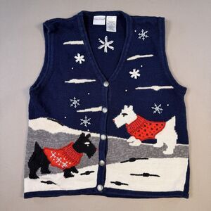 VTG Bobbie Brooks Sweater Vest Blue Christmas Terrier Dogs Size L 12-14
